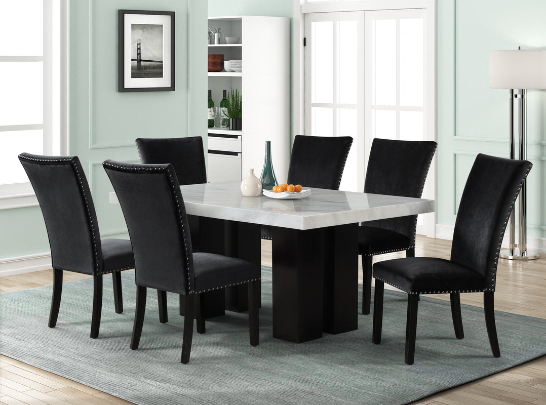 1220 - (FAUX MARBLE) Black Dining Table + 6 Chair Set