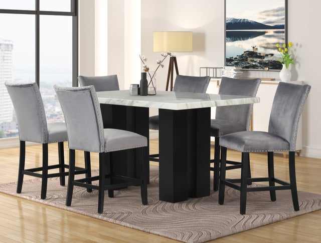 2220 - (FAUX MARBLE) Grey Counter Height Table + 6 Chair Set