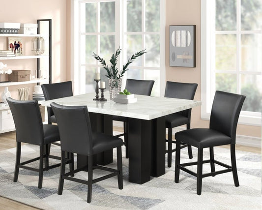 2220 PU - (FAUX MARBLE) Black PU Counter Height Table + 6 Chair Set **NEW ARRIVAL**